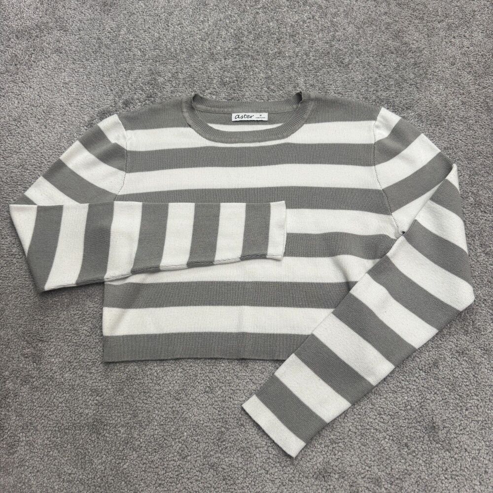 Aster Cropped Pullover Sweater Womens Medium Gray White Striped Crew Neck Casual